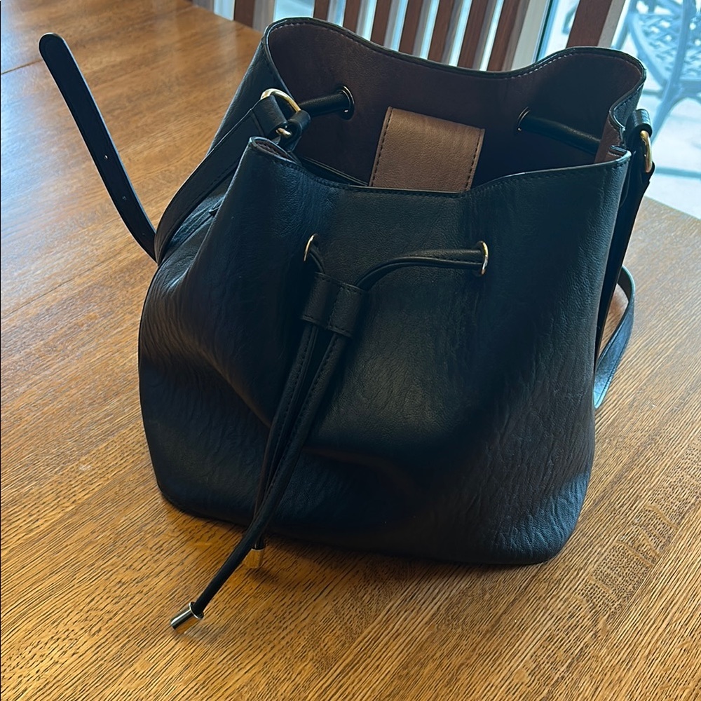 Calvin Klein Black Shoulder Bucket Bag with Drawstring Closure